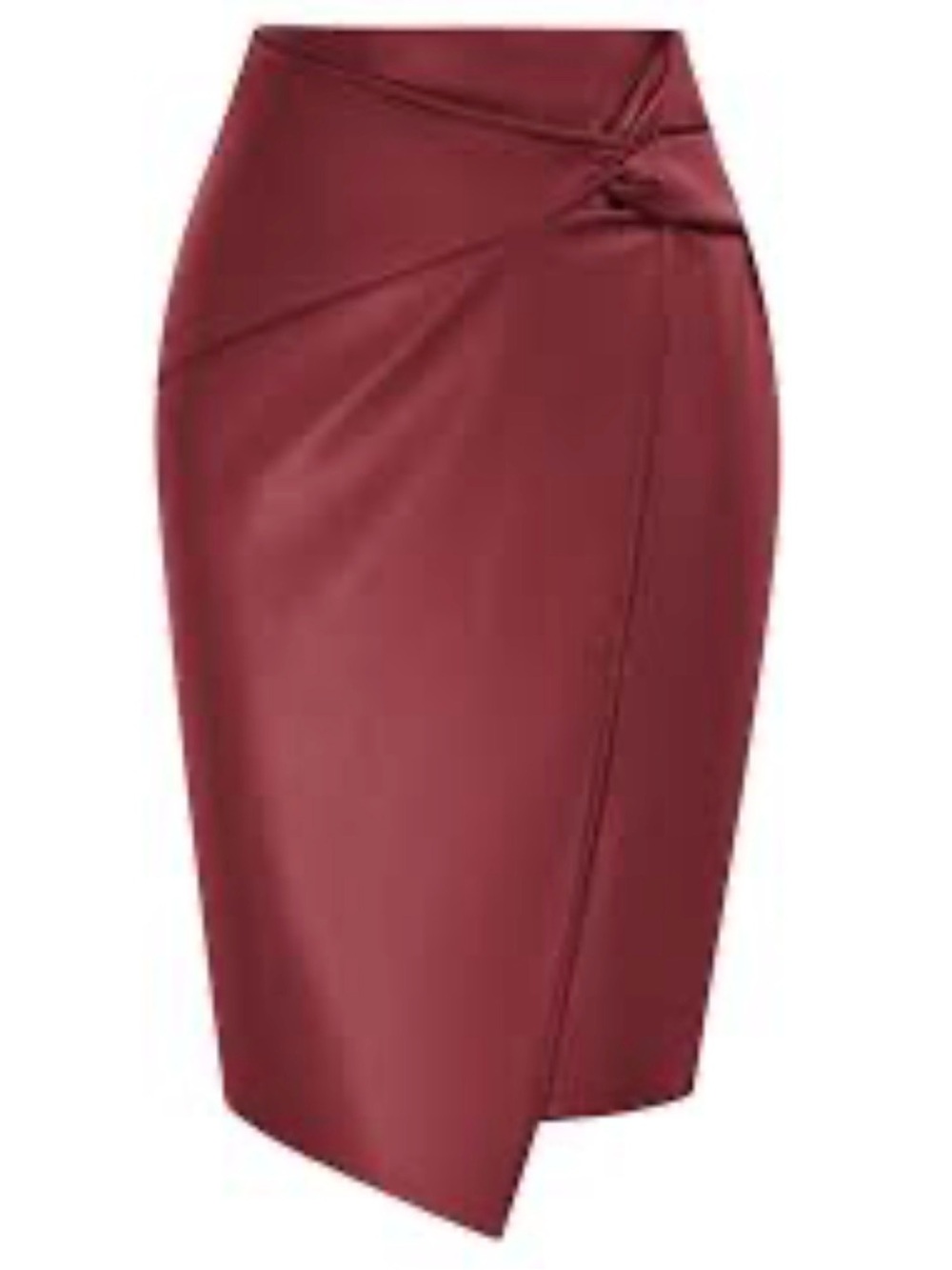 Faux Leather Midi Skirt in Burgundy with Front Wrap Detail